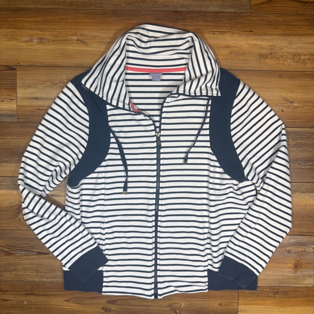 Laura Scott Womens XL Striped Full Zip Funnel Neck Sweatshirt Navy White Jacket